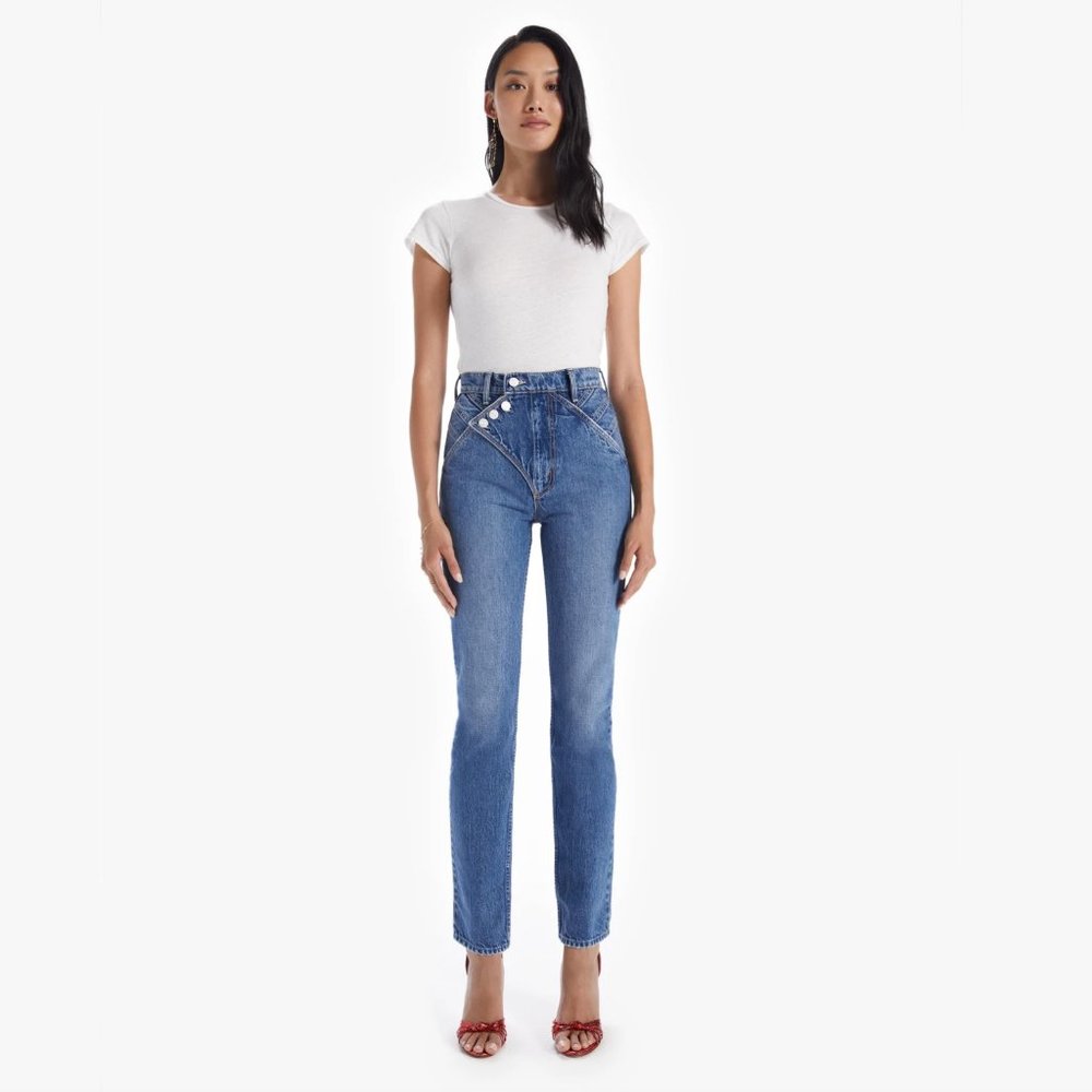 MOTHER THE RIGHT-AWAY RIDER Not That High Hi-Rise Rigid Denim Straight Jeans 25